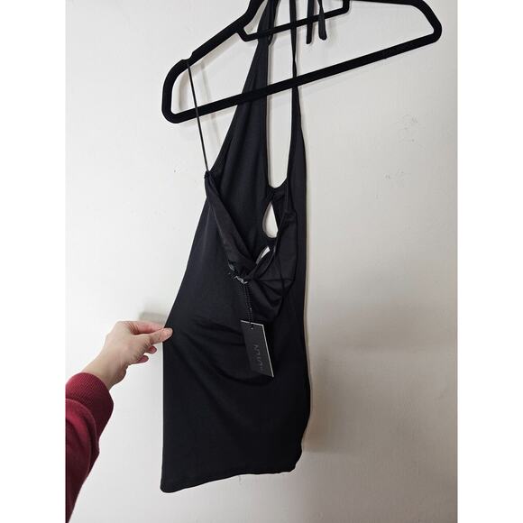 Dyln Black Aida Bodycon Deep V Halter Top Key Hole Front Cutouts Mini Dress XS - Picture 5 of 12